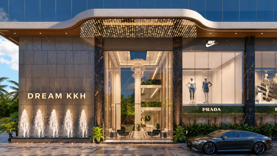 Retail shop frontage and triple-height entrance at Dream KKH Corporate