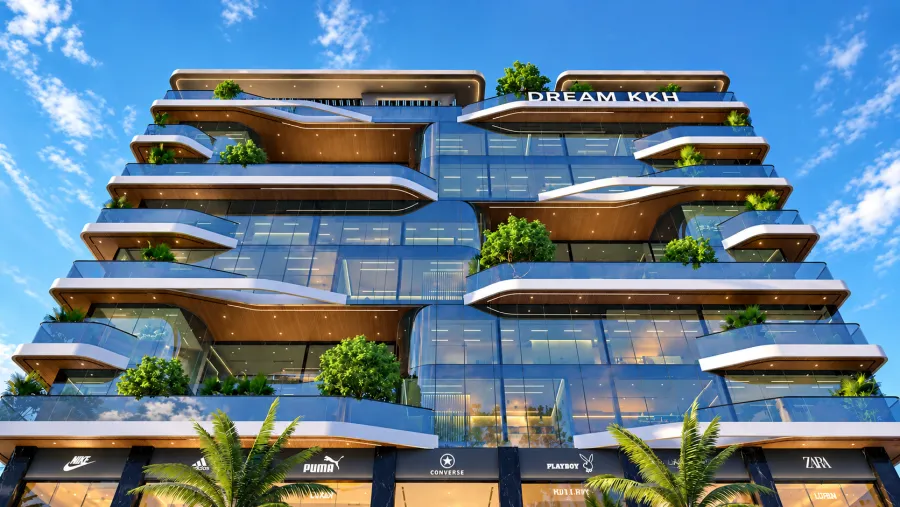 Curved green terraces on the Dream KKH Corporate facade