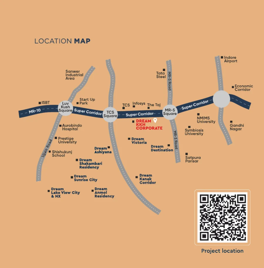 Location map of Dream KKH Corporate on Super Corridor between TCS Square and MR-5 Square, Indore