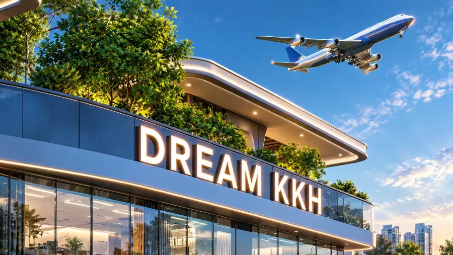 Dream KKH signage with aircraft overhead, near Indore Airport